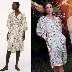 JOHANNA ORTIZ X H&M Floral Print Linen Puffed  Batwing Long‎ Sleeve Shirtdress S